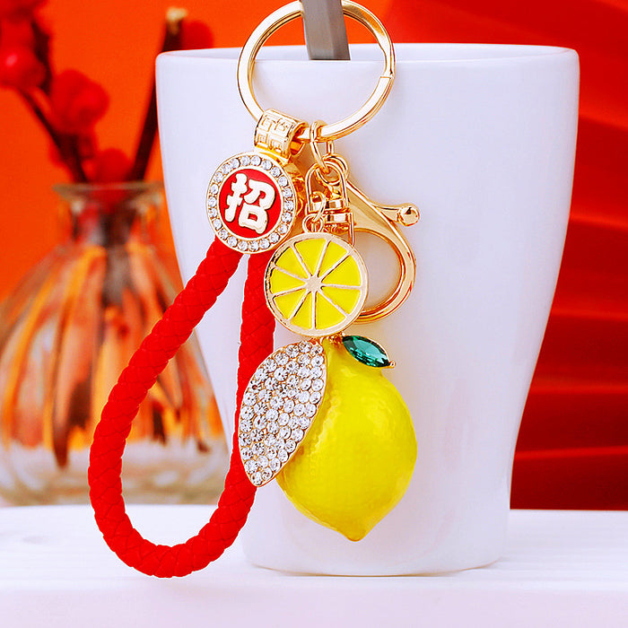 Jeweled Lemon and Citrus Charm Keychains with Braided Wrist Loops