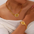 Gold Cuban Chain Round Cutout Disc Pendant Necklace Bracelet view 1