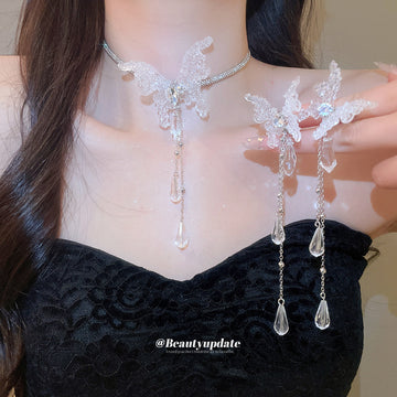 Crystal Butterfly Ear Clips And Rhinestone Tassel Necklace