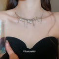Silver Pearl Rhinestone Chain Tassel Choker Necklace view 4