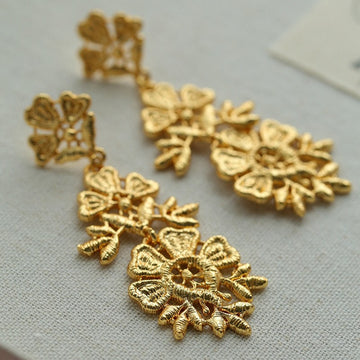Textured Gold Tone Layered Flower Statement Drop Earrings