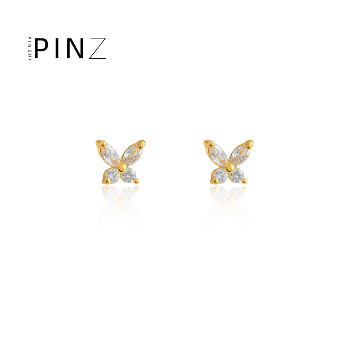 Mini Silver Butterfly Clear Zircon Stud Earrings Pair