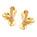 Hammered Three-Petal Flower Stud Earrings Shell Bead Center view 5