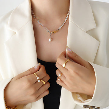 Two-Tone Zircon Tennis Paperclip Pearl Drop Necklace
