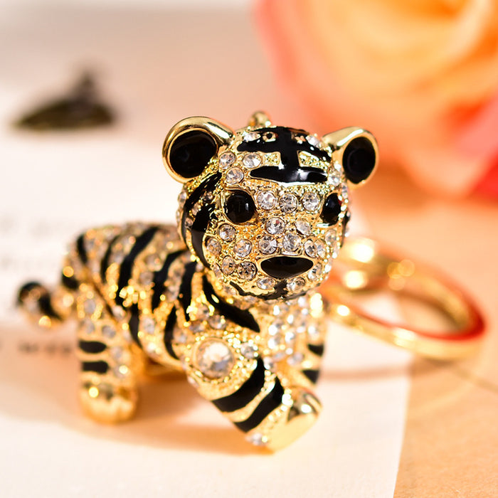 Standing Jeweled Tiger Keychain with Gold Tone Ring and Clasp