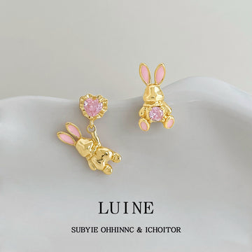 Gold Tone Pink Rabbit Asymmetric Stud Earrings For Women