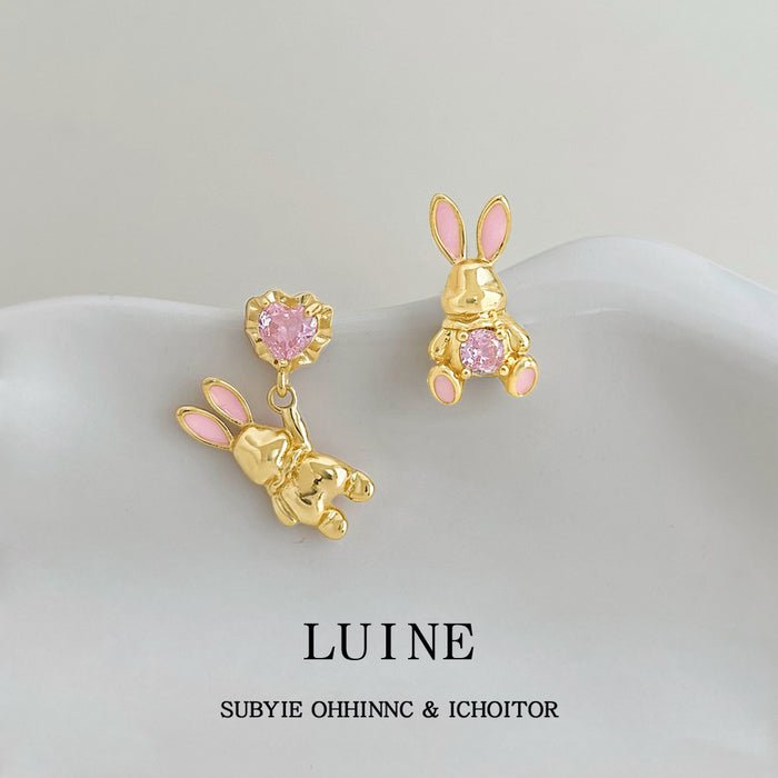 Gold Tone Pink Rabbit Asymmetric Stud Earrings For Women