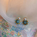 Pearl Stud Earrings With Blue And Gold Floral Enamel view 1