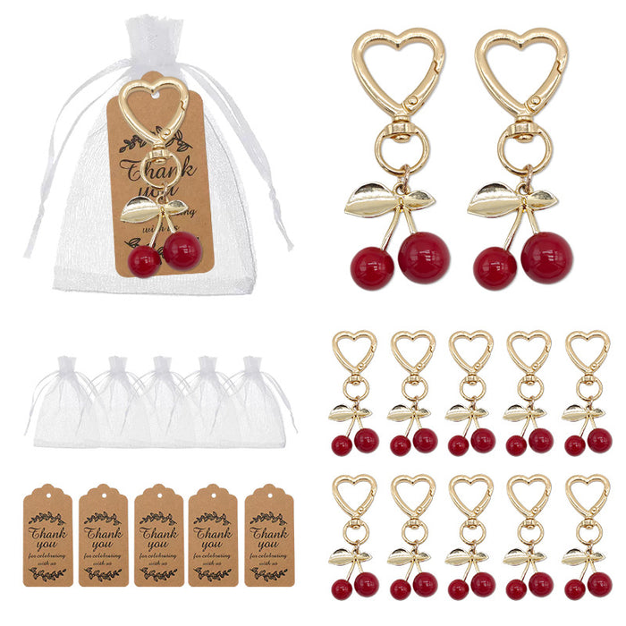 Gold Heart Clasp Red Cherry Keychain Leaf Bag Charm