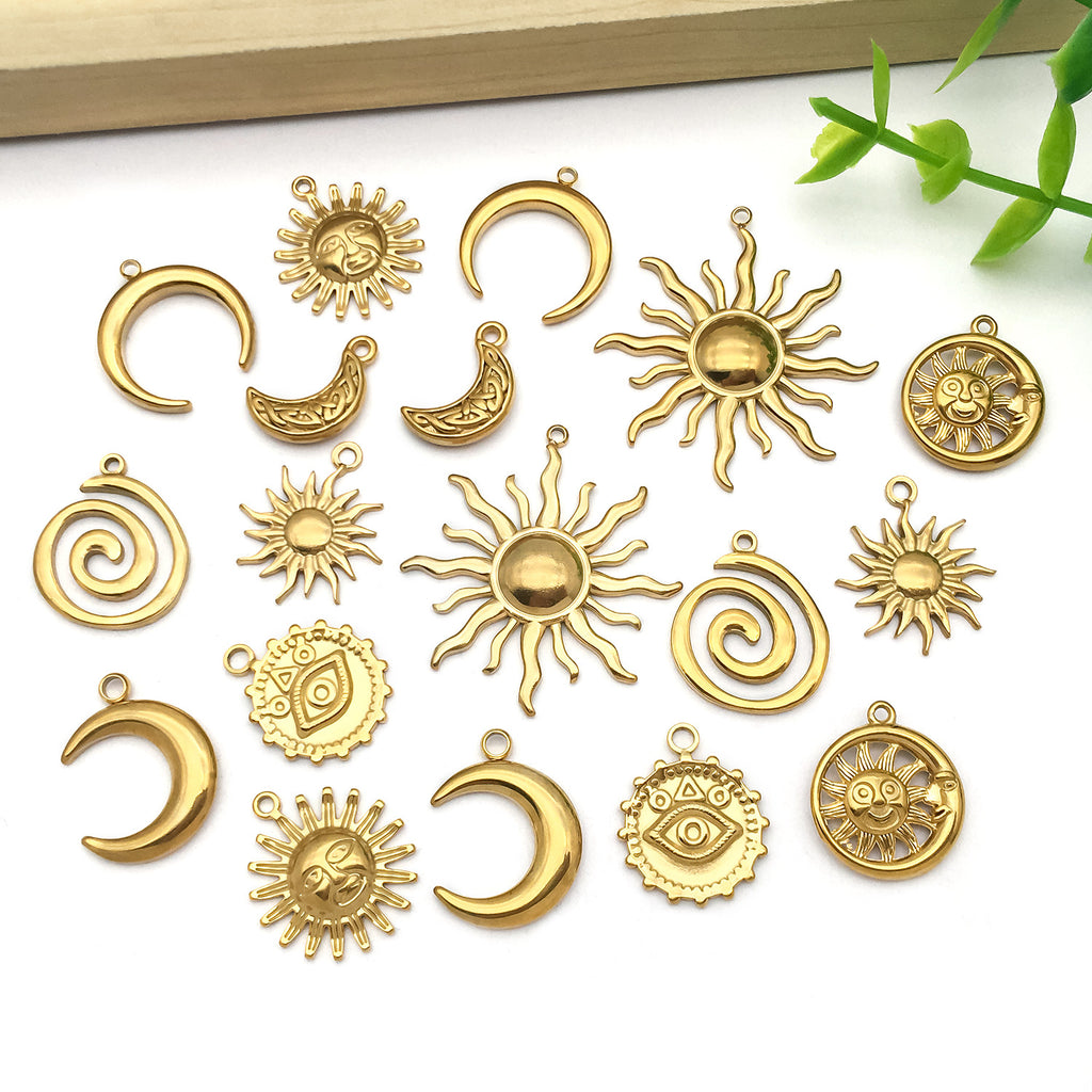 Gold Stainless Steel Sun Moon Evil Eye Charm Pendant for DIY Vintage Bracelet Jewelry
