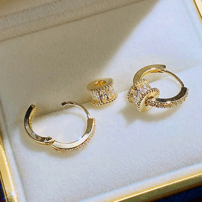 Gold Detachable Barrel Zircon Charm Hoop Earrings Pair