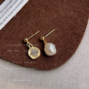 Gold Asymmetric Baroque Pearl And Crystal Disc Stud Earrings