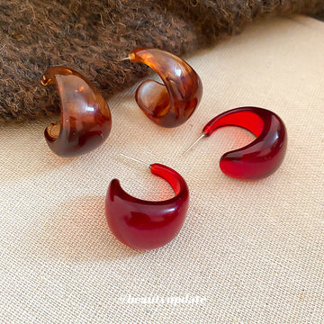 Wide Translucent Red and Brown Resin C Hoop Stud Earrings