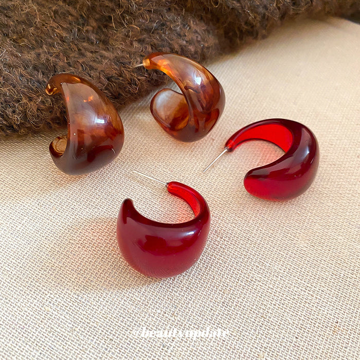 Wide Translucent Red and Brown Resin C Hoop Stud Earrings