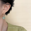 Green Carved Longevity Lock Drop Earrings Gold Pearl view 2