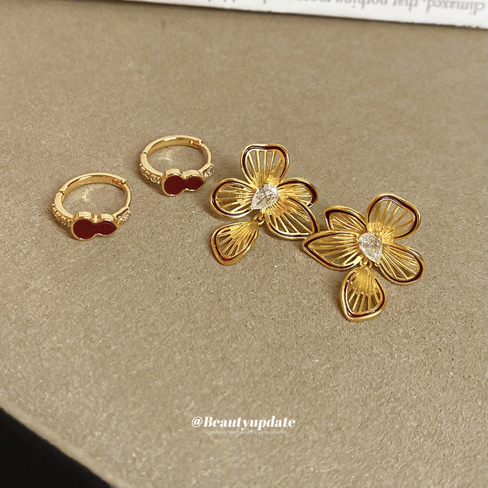 Gold Tone Red Heart And Flower Earrings With Decorative Metal Details