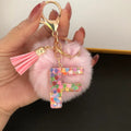 Pink Faux Fur Pompom Letter Charm Keychain with Confetti Resin view 10