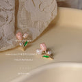 Pink White Dual Tone Tulip Stud Earrings Pearl Leaf view 4