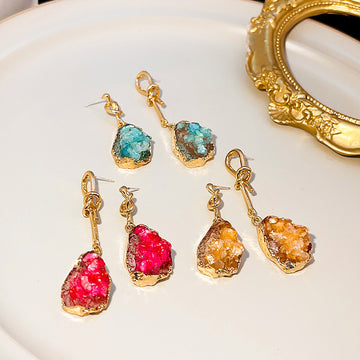 Gold Knot Asymmetric Druzy Drop Earrings Pink Amber