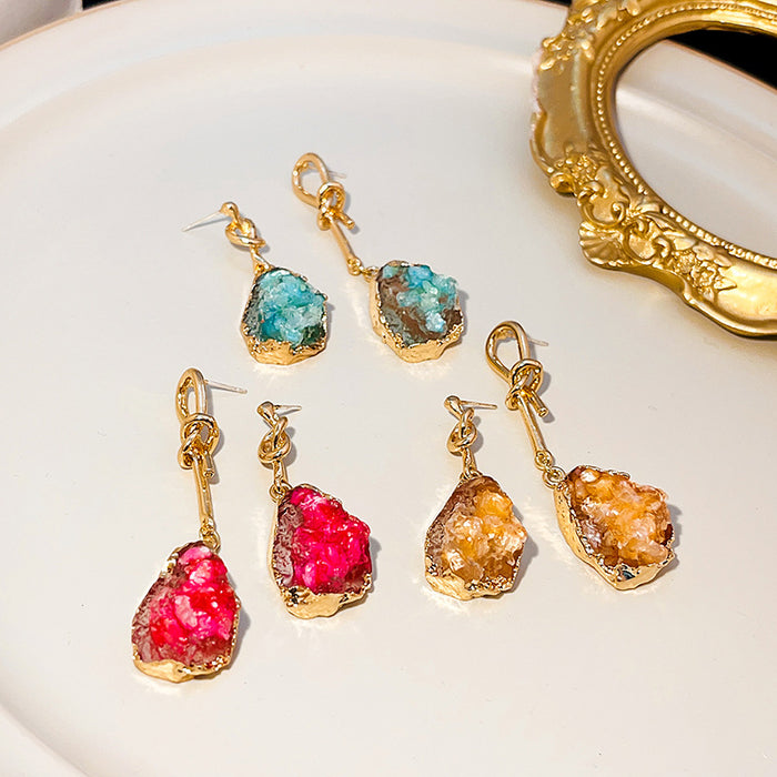 Gold Knot Asymmetric Druzy Drop Earrings Pink Amber