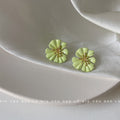 Lime Green Flower Stud Earrings Black Beaded Centers view 4