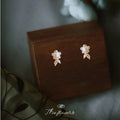 Gold Tone White Pearl Flower And Clear Leaf Stud Earrings view 3