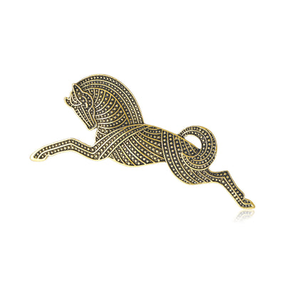 Textured Leaping Horse Brooch in Antique Metal Tones shown from the front on a white background