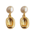 Gold Pearl Stud Earrings Hollow Oval Metal Drop Charm view 5