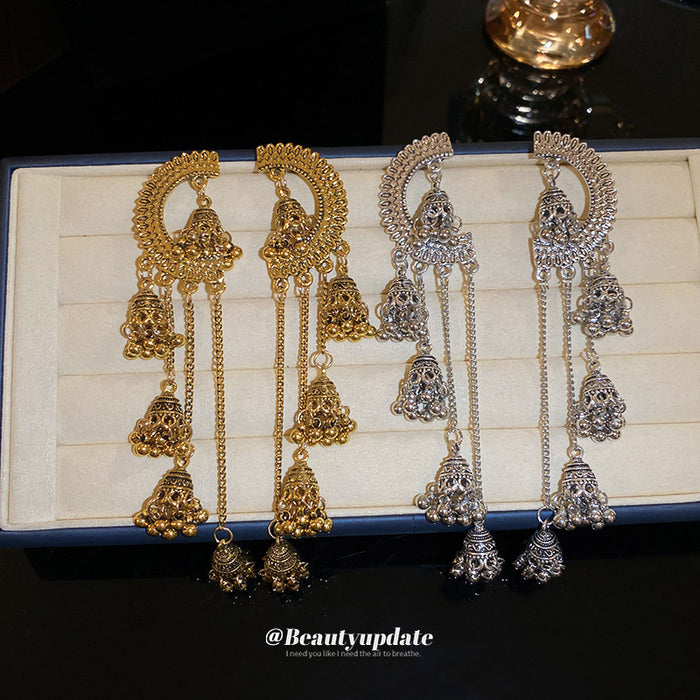 Crescent Bell and Chain Long Drop Earrings in Two Tones