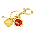 Gold Tone Fortune Pouch and Red Medallion Keychain with Tiny Tool Charm view 5