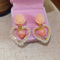 Pink Rose And Heart Drop Earrings With Pearl Borders view 6