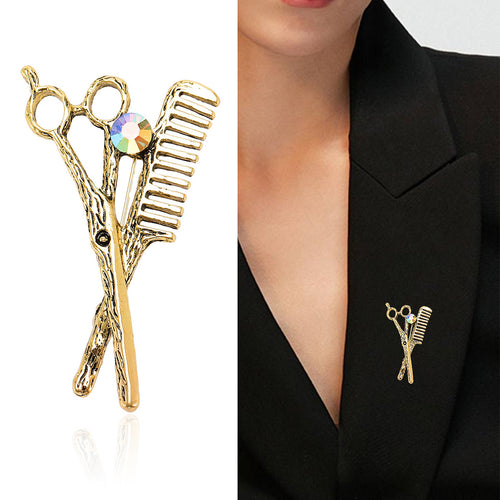 Angled view showing the scissors comb rhinestone brooch surface
