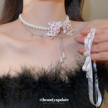 Pink Polka Dot Ribbon Choker Necklaces With Pearl Details