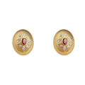Gold Oval Fluted Stud Earrings Red Center Clear Stones view 5