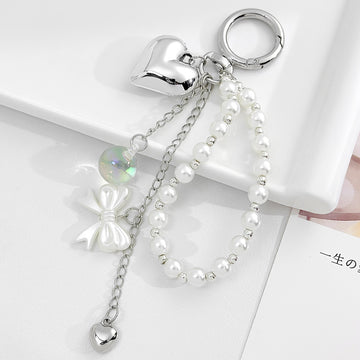 Silver Tone Heart Charm Keychain With Faux Pearl Bead Strand