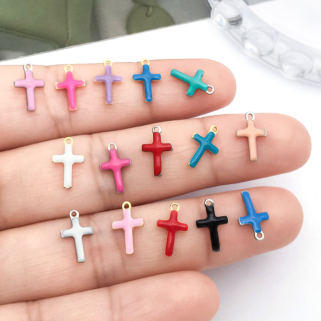 Color Enamel Stainless Steel Cross Double Sided Charm Pendant 10x6mm for DIY Bracelet Jewelry