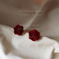 Wine Red Soft Velvet Flocked Rose Flower Stud Earrings view 4