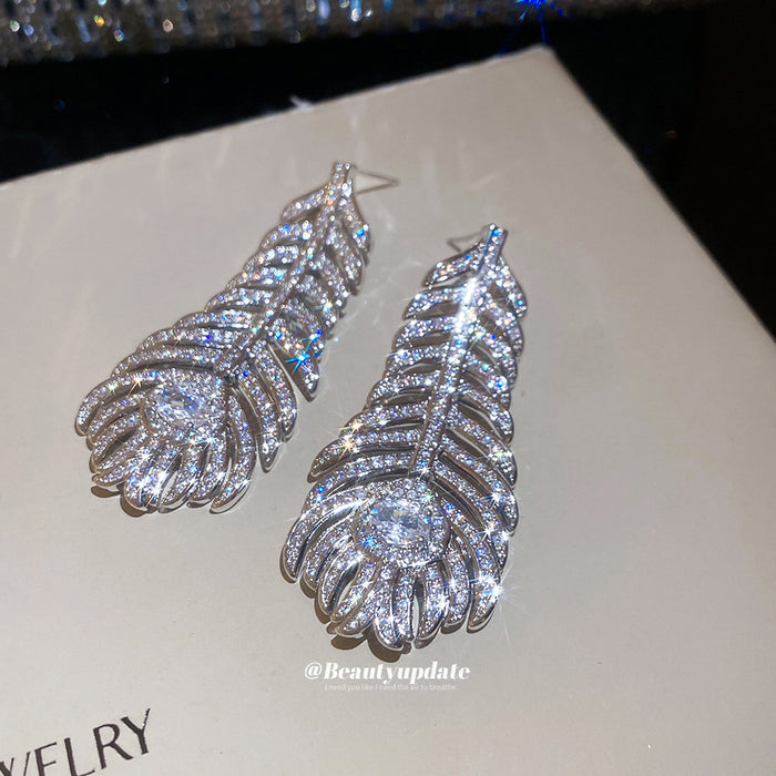 Silver Crystal Feather Drop Earrings Decorative Jewelry Design