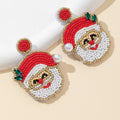 Beaded Santa Claus Face Drop Earrings Red White Gold Tone view 2