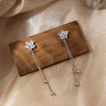 Silver Crystal Flower Stud Earrings Dual Chain Tassel Drops view 1