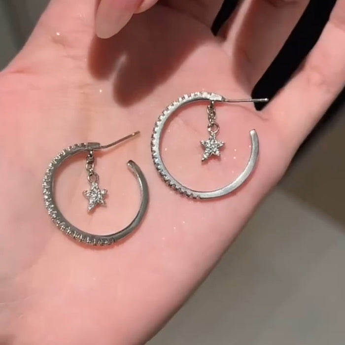 Silver Tone Double Hoop Earrings With Star And Moon Charms