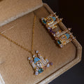 Castle Pendant Necklace And Stud Earrings Colorful Stones view 4