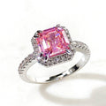 Pink Square Solitaire Halo Ring In Polished Silver Tone view 2