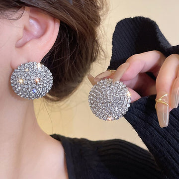 Silver Crystal Pavé Round Statement Button Stud Earrings