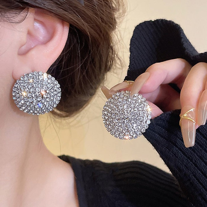Silver Crystal Pavé Round Statement Button Stud Earrings