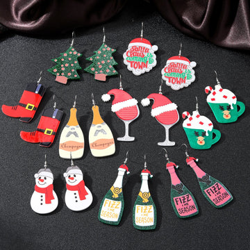 Silver Tone Printed Acrylic Christmas Novelty Hook Earrings