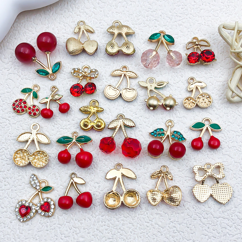 Red Enamel Resin Cherry Strawberry Charm Pendant with Rhinestone for DIY Earrings Necklace
