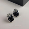Silver Black Clear Crystal Glass Irregular Oval Stud Earrings view 3
