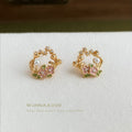 Gold Tone Pink Flower Green Leaf And Pearl Wreath Stud Earrings view 4