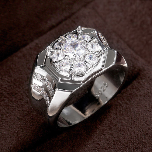 Silver Tone Mens Wide Band Clear Stone Cluster Ring - angled detail view